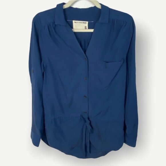 Rag & Bone Sullivan Tunic Shirt Navy Blue‎ Modal Collared Tie Front Size Small S - Picture 4 of 12
